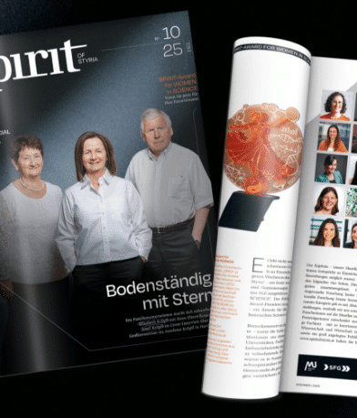 Zeitschrift "Spirit of Styria" mit Artikeln, Fotos und Titel "Bodenständig mit Sternen" auf einem dunklen Hintergrund.