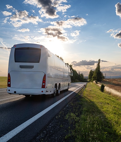 Weißer Bus fährt auf Landstraße bei Sonnenuntergang, Himmel teils bewölkt, umgeben von Feldern und Bäumen.